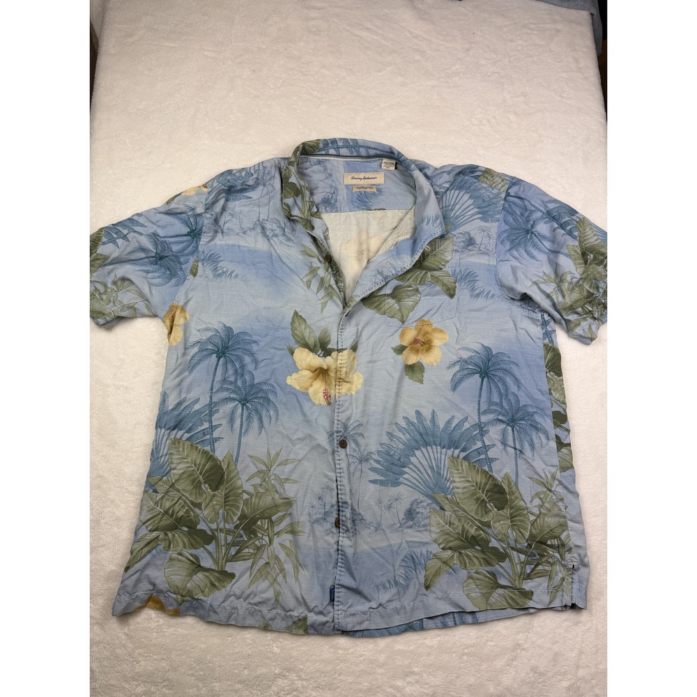 Tommy Bahama Mens XXL Blue Silk Tropical Hibiscus Palm Tree Camp Shirt Original